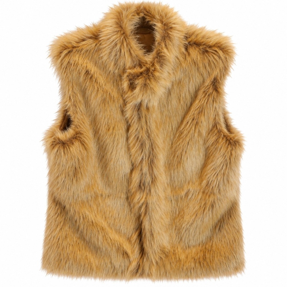 INC Faux Fur Vest M Tan Lined Vintage 90s Mob Wife Ski Hollywood Glam Layering - Picture 3 of 7